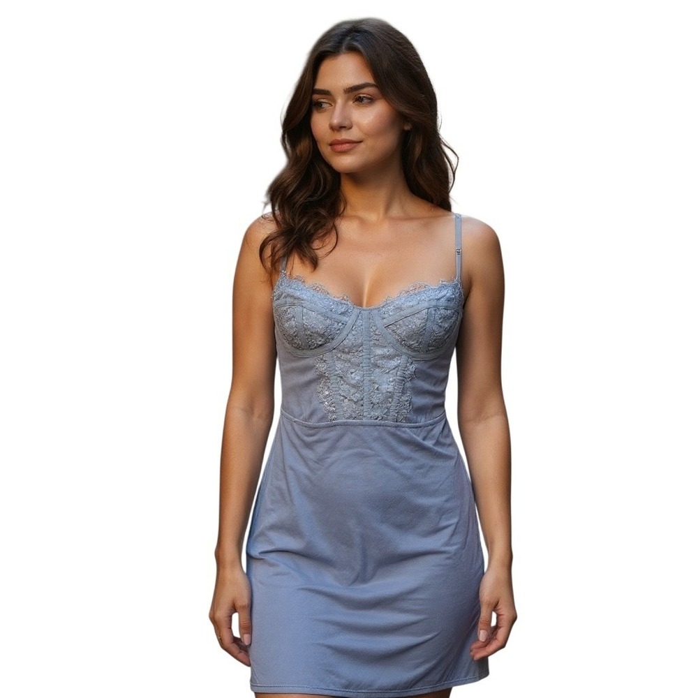 Urban Outfitters Lace Trim Blue Corset Slip‎ Dress Size L Fairycore Coquette NWT
